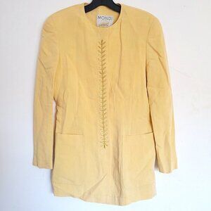 Mondi Vintage Linen Gold Embroidered Button Front Long Sleeve Mandarin Jacket 34